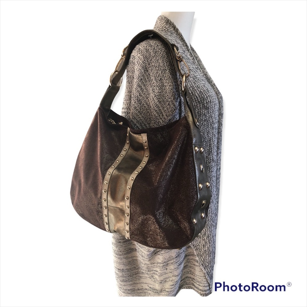 Kathy van Zeeland Shoulder Hand Bag Purse Gold faux suede brown Glam slouch hobo - Picture 3 of 13